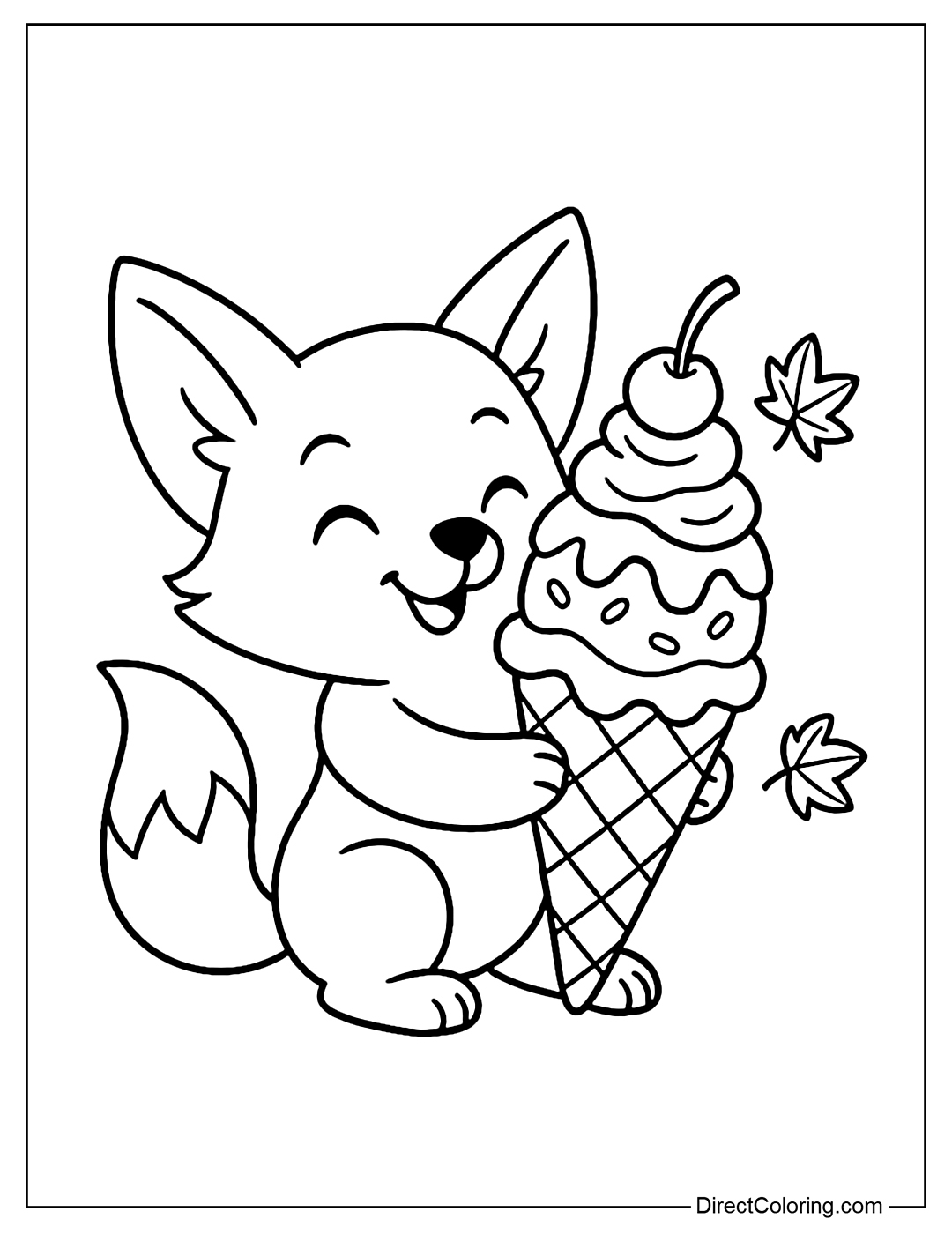 Coloring Page of Adorable baby fox holding a giant ice cream cone with three scoops, whipped cream, and a cherry on top.